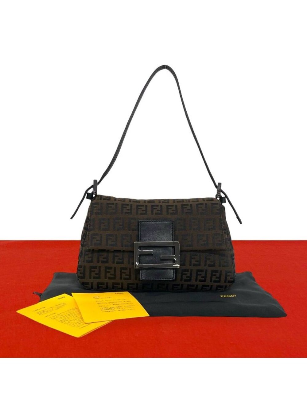 Fendi Zucchino FF Pattern Canvas Leather Handbag Bag Brown Black